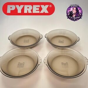 Lot Of 4 Vintage Pyrex Pie Plates 7" Amber Glass Scalloped Handles USA Retro